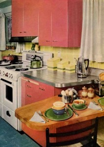 rose-red-steel-kitchen Another good choice for your peninsula or snack bar - is butcher block. 50s and 60s kitchens had a mix and match of countertop surfaces - which looks great