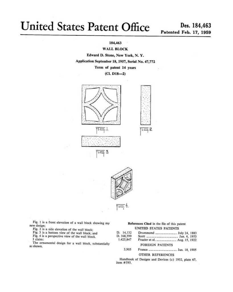 Edward Durell Stone breeze block patent