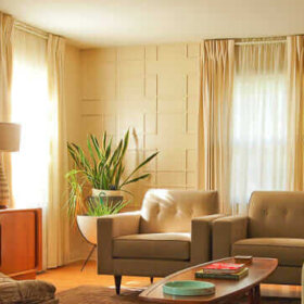 window treatments for a mid century modern living room