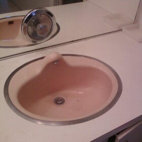 1962 pink moen sink with molded faucet