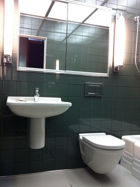 gray glass tile bathroom