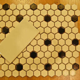 black and white octagon and dot tile and subway tile