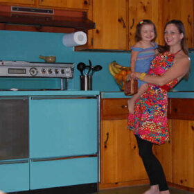 knotty pine kitchen blue appliances