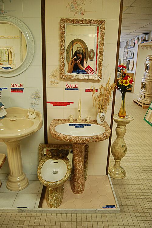 vintage herringbone pattern sink, toilet and mirror set at world of tile