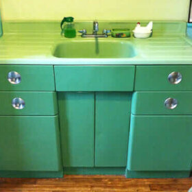 vintage jadeite porcelain drainboard sink and metal sink cabinet