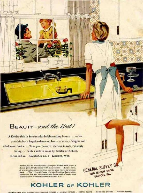 Vintage Kohler advertisement for a yellow double bowl metal rimmed porcelain enamel on cast iron sink from the 1950s