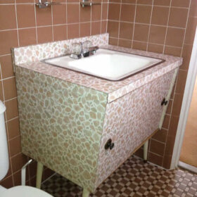 bathroom vanity with wild laminate pattern