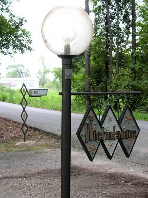 midcentury house sign and custom mailbox