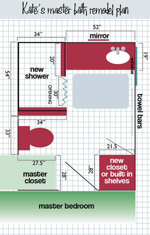 Kate's master bathroom remodel floorplan