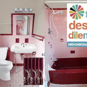 pink bath with white fixtures and maroon shower curtain