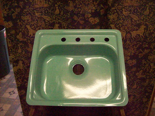 Turqouise steel enamel 21 inches x 24 inches 4 hole kitchen sink