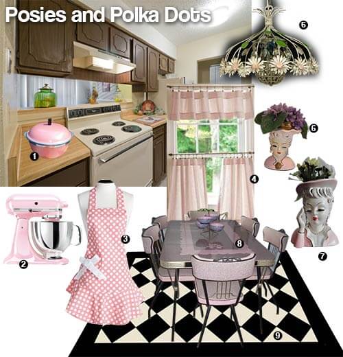 Posies and polka dots pink and black vintage kitchen