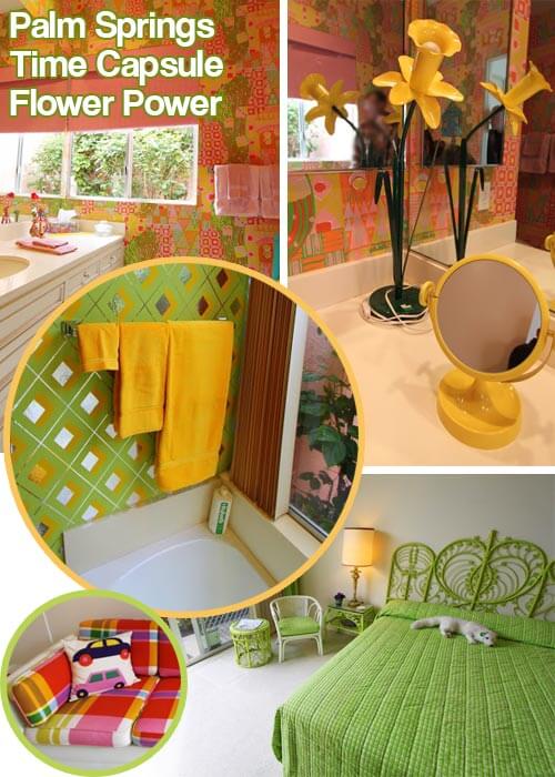 palm spring time capsule house with yellow and lime green decor