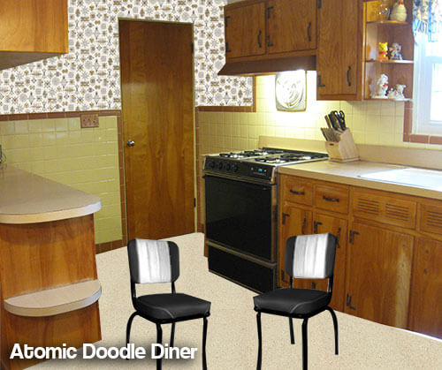 Mid century kitchen with wallpaper and original tile