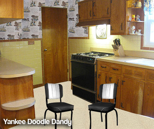 Mid century kitchen with wallpaper and original tile