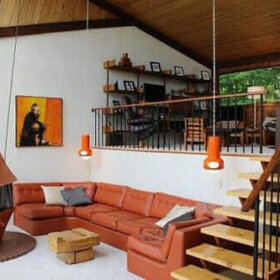 mid-century-living-room-with-freestanding-fireplace