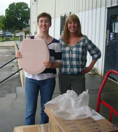 Amber and Caroline with Amber's long awaited pink potty at Gateway Supply.