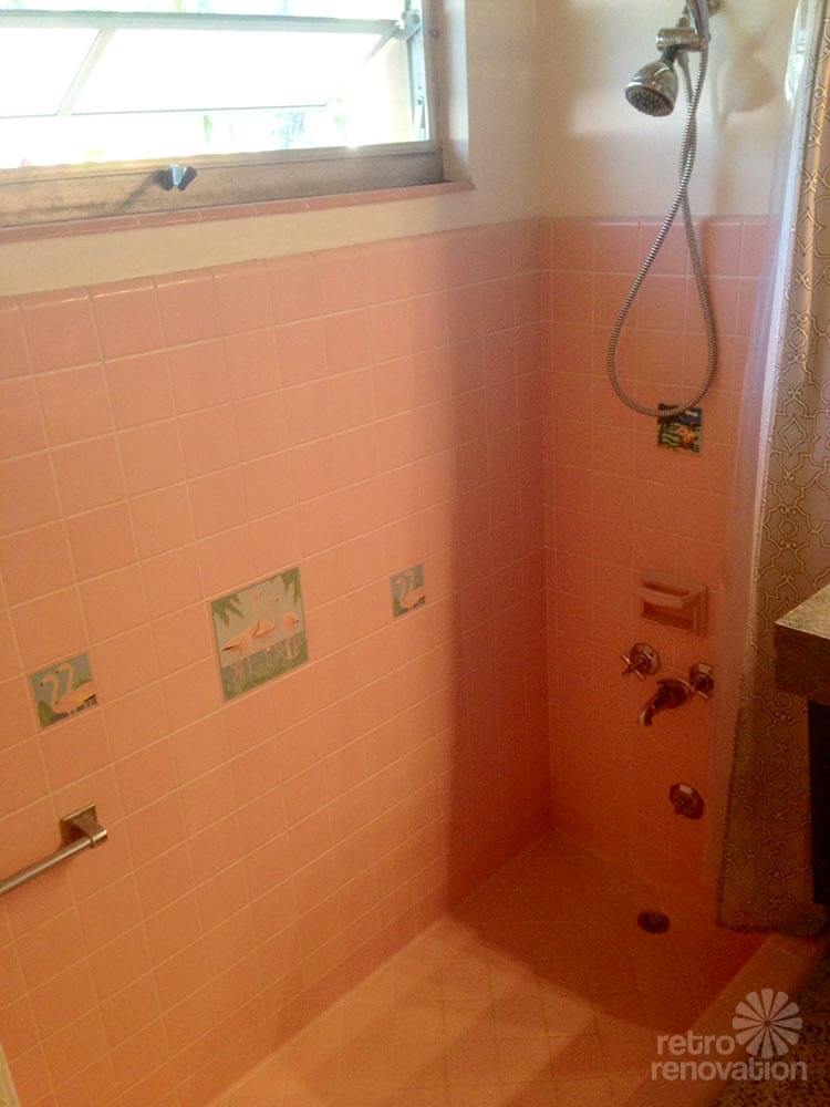 flamingo tiles in a pink bathroom