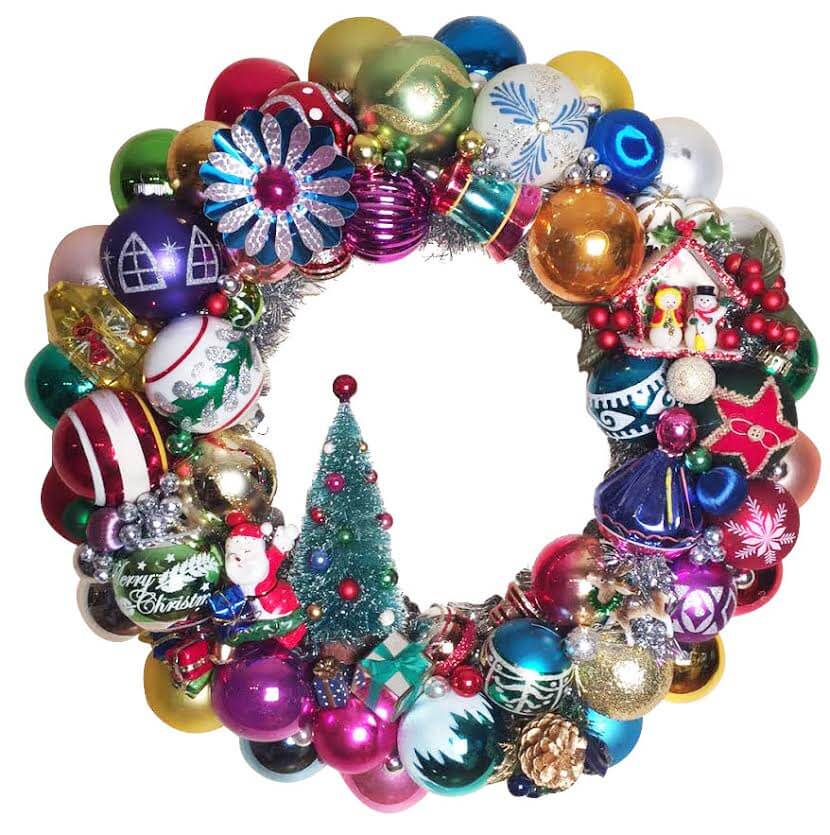 wreath made from vintage christmas ornaments lots of colors