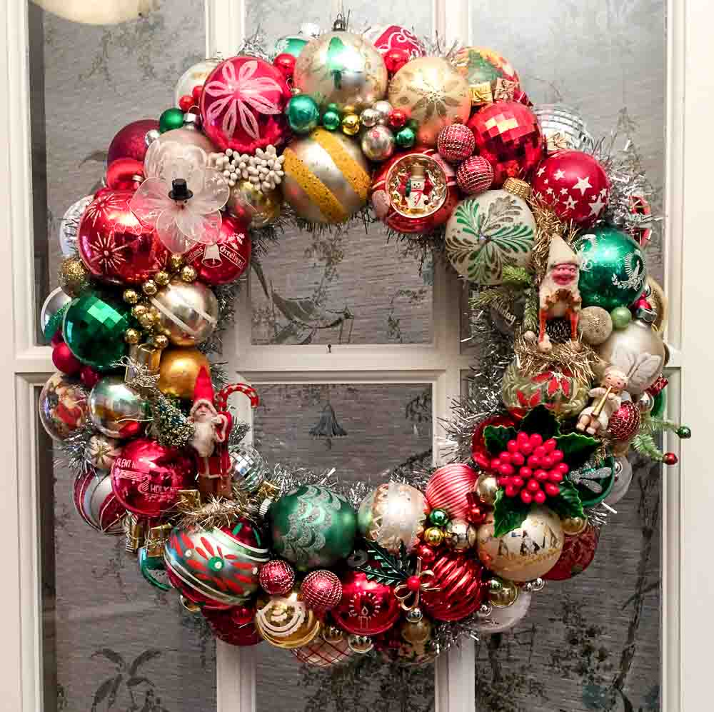 vintage christmas ornament wreath with more than 140 ornaments