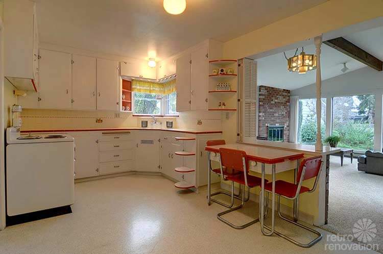 vintage red and white kitchen