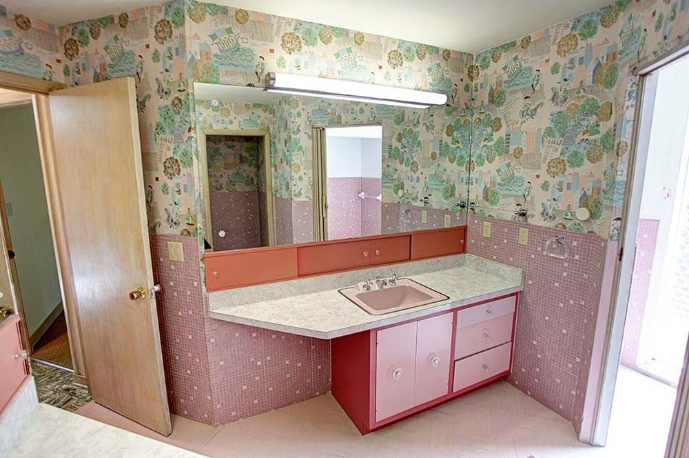 colorful vintage wallpaper in a pink bathroom