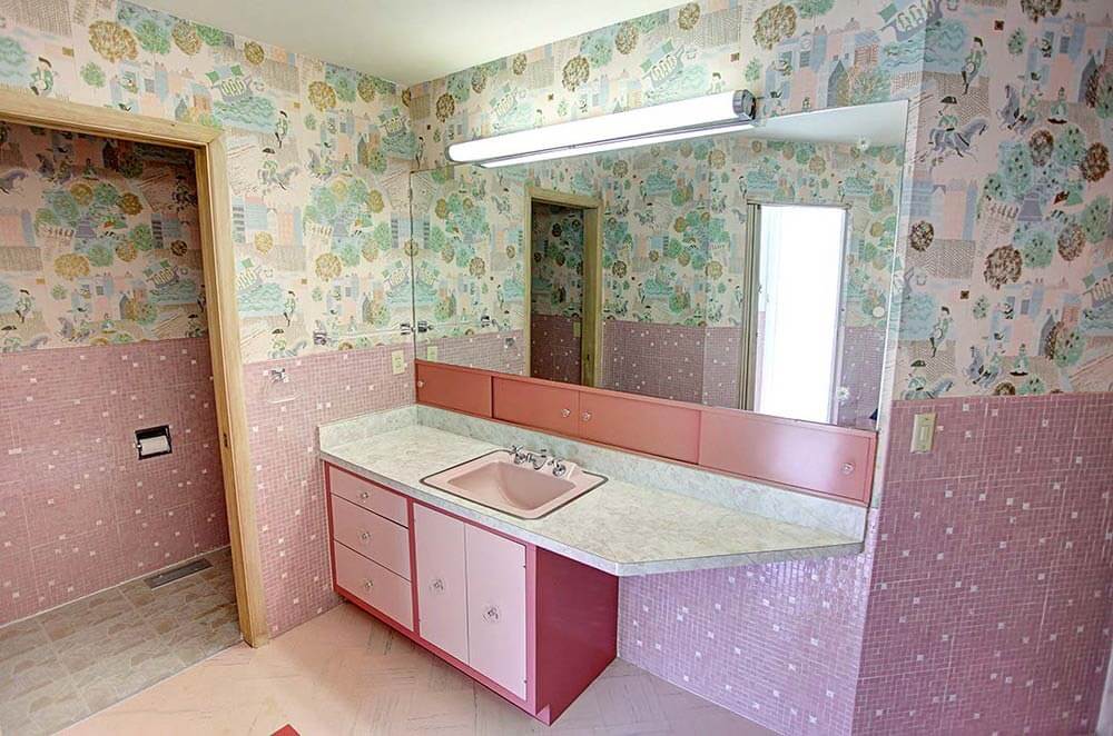 pink mosaic tile bathroom with vintage wallpaper