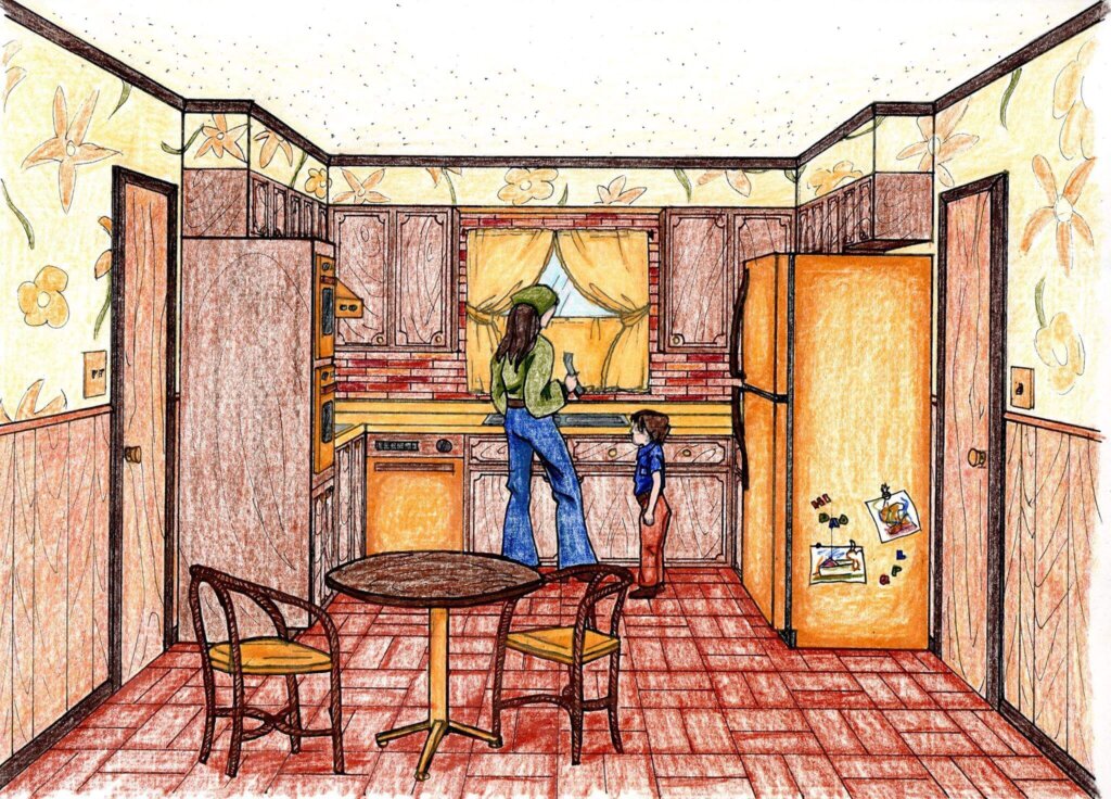 illustration of a 1970s kitchen with harvest gold appliances