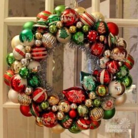 red green and silver christmas ornament wreath made with new ornaments