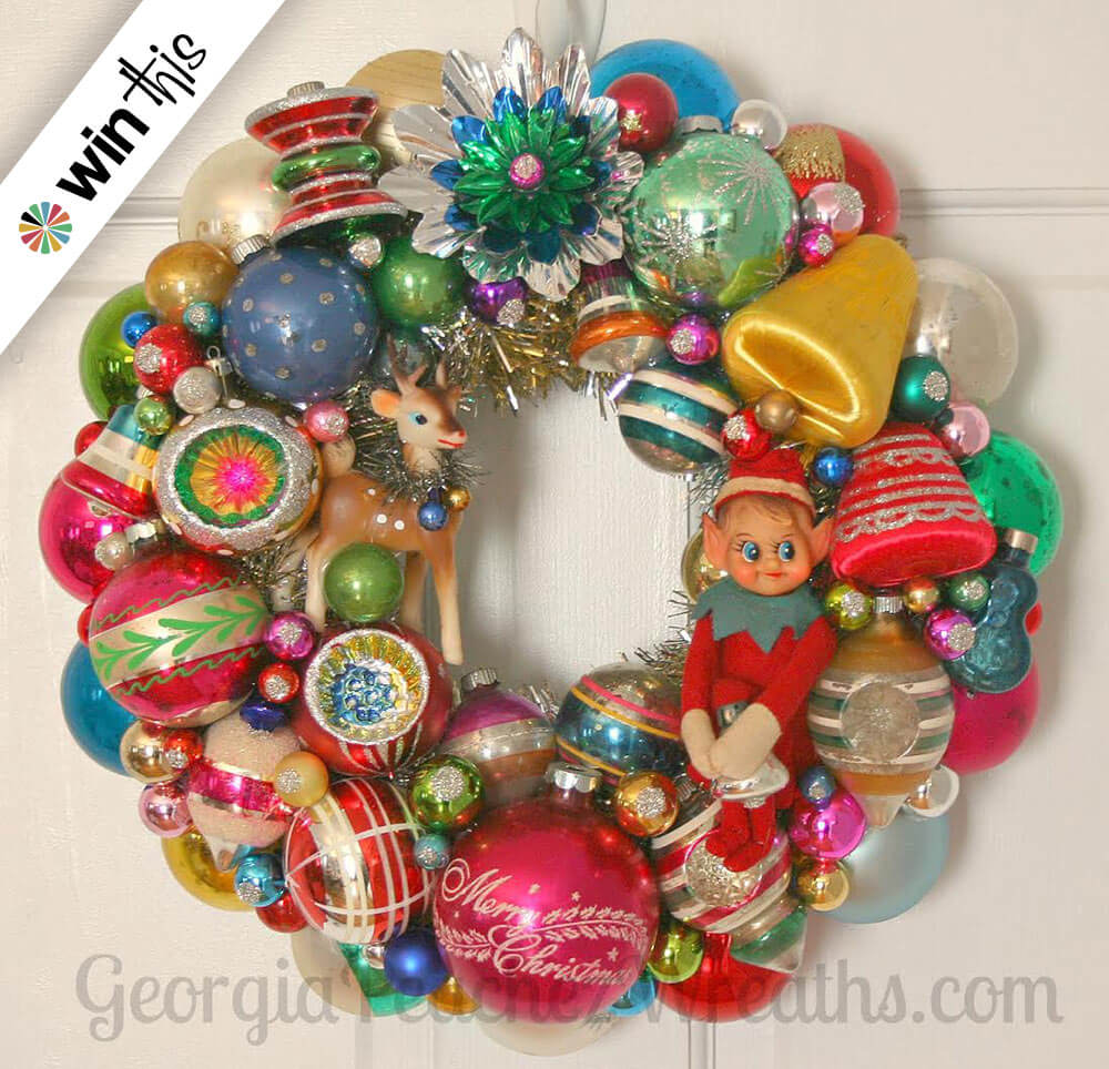 vintage ornament wreath with red knee hugger elf made by Georgia Peachez