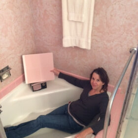 pink bathroom in wilsonart house