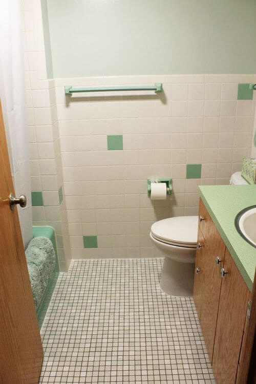 retro bathroom from the 1960s updated with merola chrystalline floor tile
