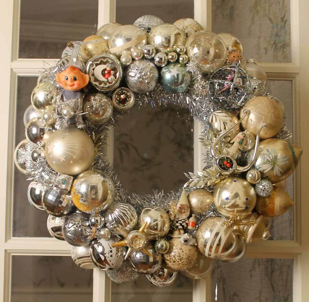 Silver and white vintage Christmas ornament wreath made by Pam of Retro Renovation