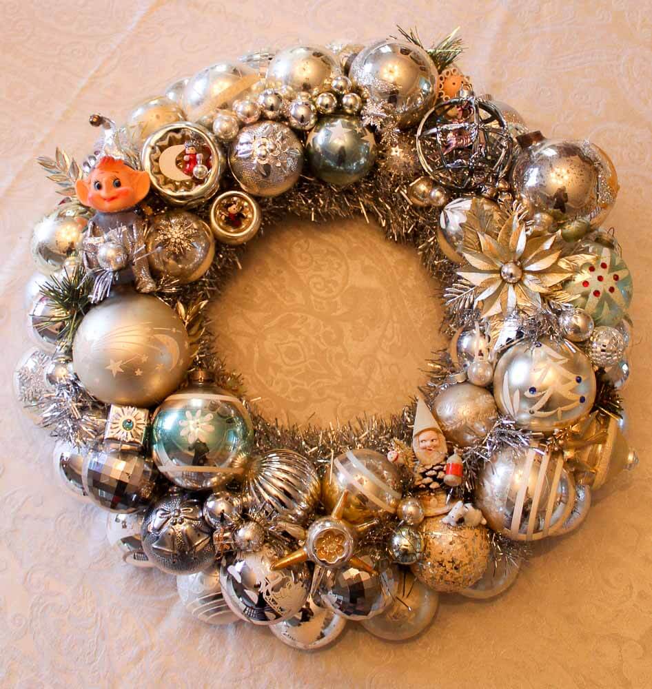 Christmas ornament wreath made with silver ornaments