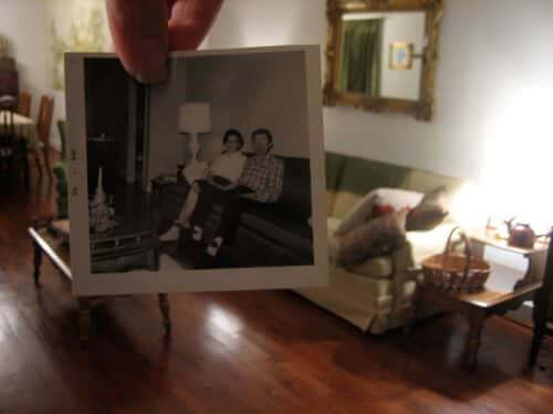 how amy's living room now compared to a 1960 photograph