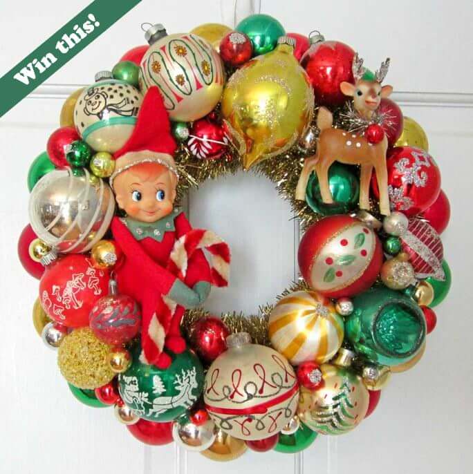 Ornament wreath with cute vintage snowman ornament deer and knee hugger elf with candy cane