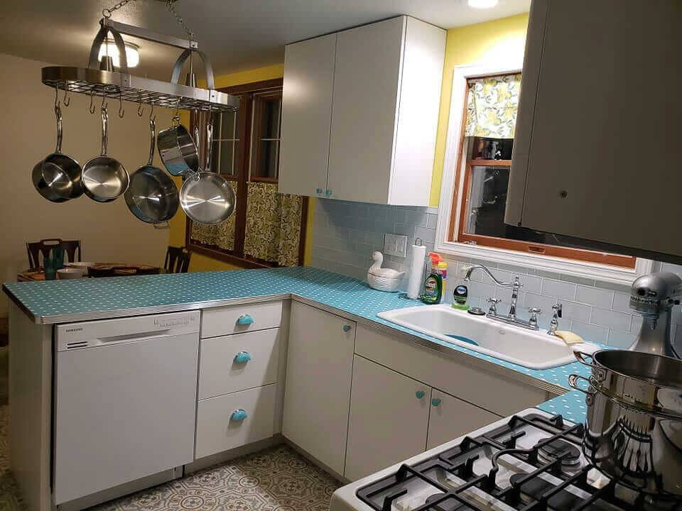 blue polka dot kitchen countertops