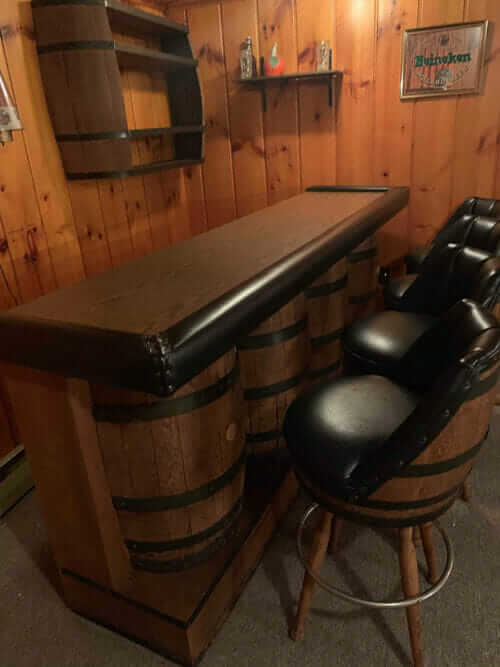 whiskey barrel bar and stools