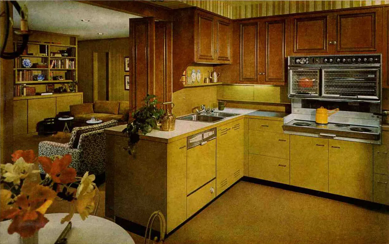 harvest gold and wood st charles steel kitchen cabinets