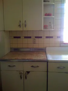 c1 I think your vintage steel tile is wonderful. The color and design scream 40s deco. But honestly, if you want to ditch it so that you can bring your kitchen into the Atomic era, do it.