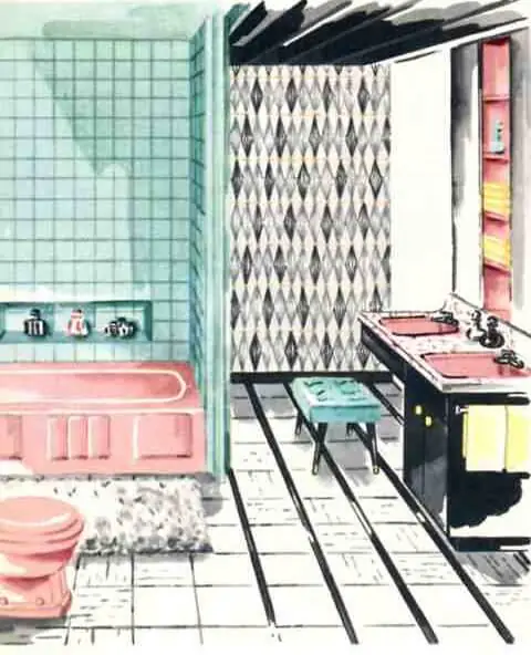 Probably too retro for anyone who already does not like their pink bathroom -- but it gives some ideas on how to play with color and pattern.