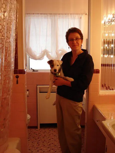 sheila-and-puppy-in-her-pink-bathroom