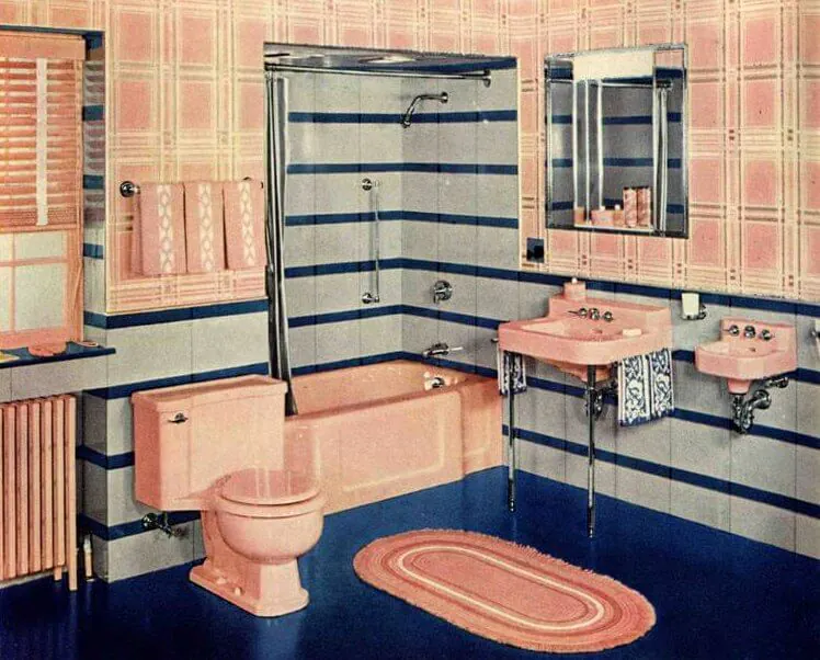 streamline deco jazz age 1940s high contrast design in a pink and blue tile bathroom