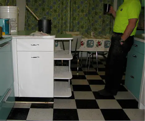 kitchen-renovation black and white armstrong vinyl tile floor