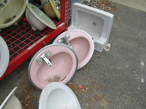 vintage pink sinks with metal rims vintage pink sinks with hudee ring