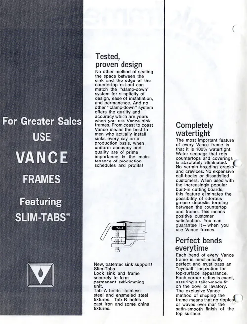 vance industries brochure for metal sink rims