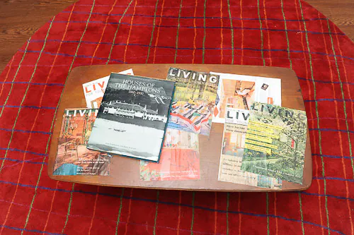 vintage coffee table with magazine decopauged on top