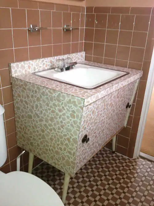 bathroom vanity with wild laminate pattern