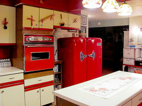 country kitchen trimmed in red