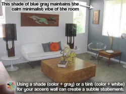retro minimalist living room with blue gray accent wall